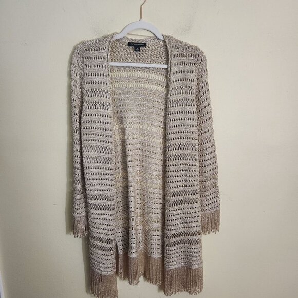 Inc International Gold Crochet Long Lines Fringe Open Cardigan Sweater Size M - Picture 4 of 8